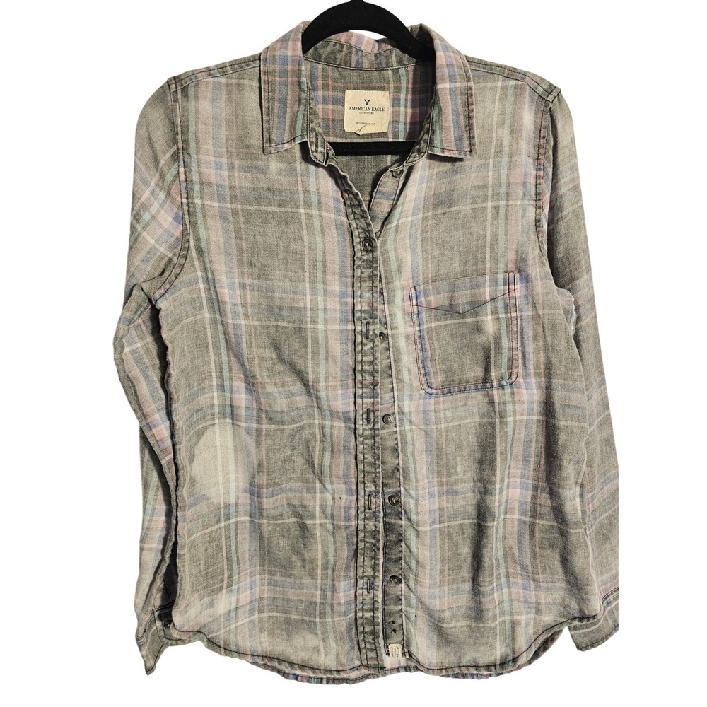 American Eagle Plaid Boyfriend Shirt Women's Shirt M Gray Pink Blue P2P 18 SL 24